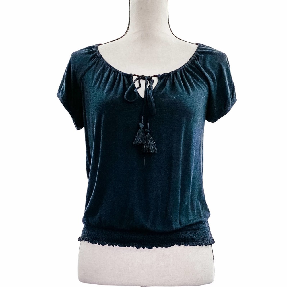 Inc International Concepts Solid Black Short Sleeve Keyhole Tie Bust T-Shirt